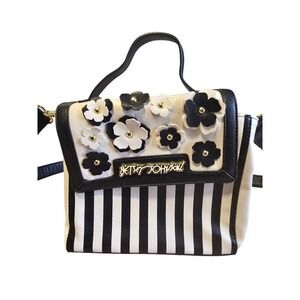 Betsey Johnson Black White Striped Floral Crossbody Bag Gold Logo Kitsch Handbag